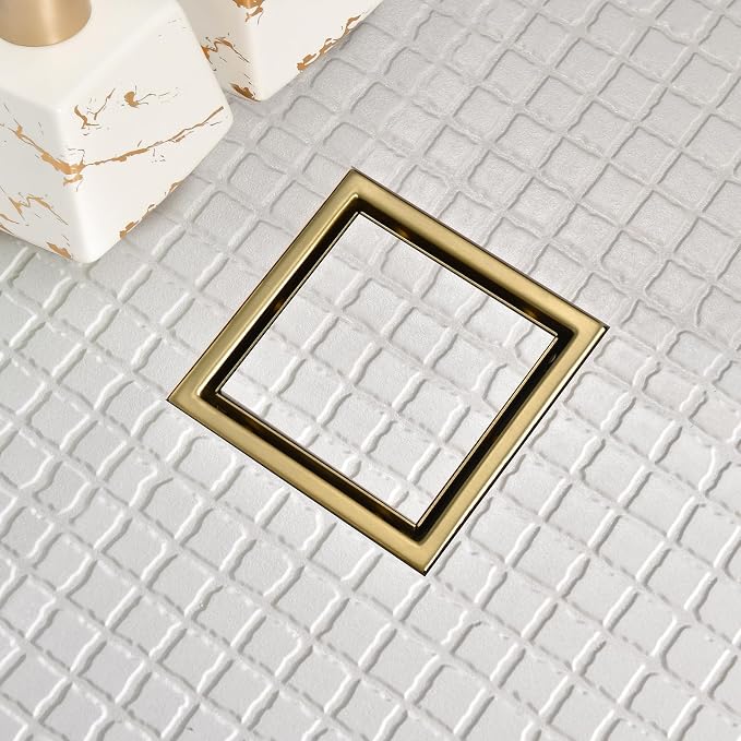 4-Inch Square Shower Drain, Brushed Gold Floor Drain with Flange, 304 Stainless Steel Bathroom 2-in-1 Tile Drain