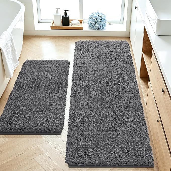 ACCUMTEK Upgrade Luxury 2 Piece Dark Gray Toilet Bathroom Rug Mat 48"x20"+24"x17", Ultra Soft Thick Absorbent Bath Mats, Non Slip Chenille Toilet Mat for Bathroom, Bedroom, Kitchen, Shower, Tub