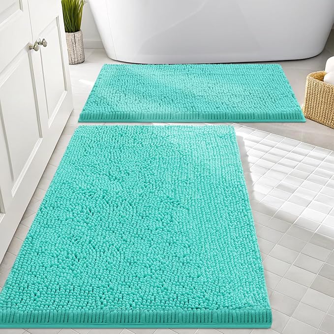 Smiry Chenille Bathroom Rugs Sets 2 Piece (30x20+24x16, Turquoise) | Soft Absorbent Machine Washable Non Slip Shaggy Bath Rug Set for Tub, Shower, and Floor, Home Decor