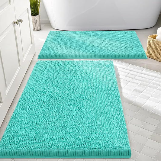 Smiry Chenille Bathroom Rugs Sets 2 Piece (30x20+24x16, Turquoise) | Soft Absorbent Machine Washable Non Slip Shaggy Bath Rug Set for Tub, Shower, and Floor, Home Decor