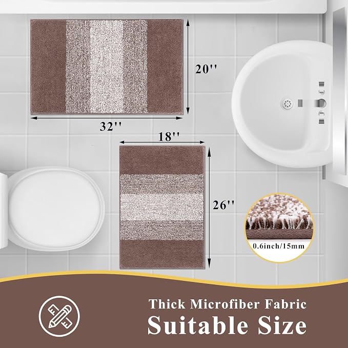 Vaukki Luxury Soft Bathroom Rugs Set of 2, Coffee Non Slip Bath Floor Mat | Microfiber Shaggy Plush Absorbent Striped Washable Bath Carpet for Tub, Bathroom and Shower, 18''x26''+20''x32''