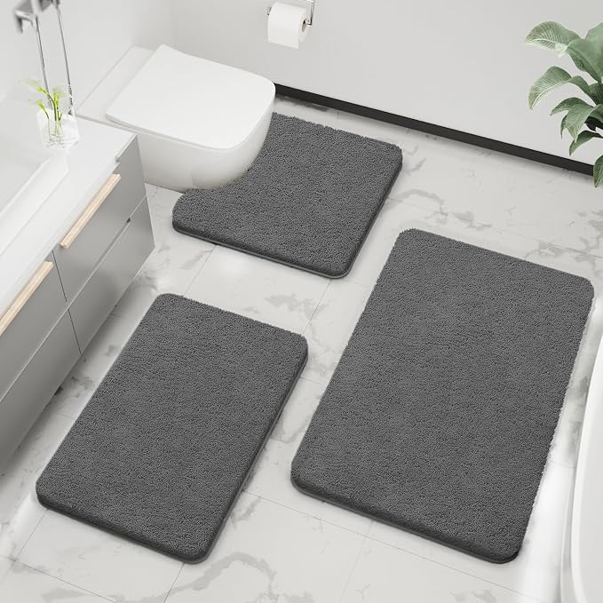Bathroom Rugs Sets 3 Piece Extra Soft and Absorbent Microfiber Bath Rugs, Plush Shaggy Luxury Mat with Rubber Backing, Machine Wash Dry, Bath Mats for Bathroom Floor, Tub and Shower, Deep Grey