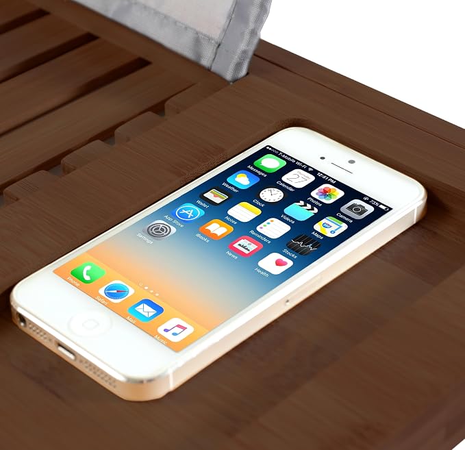 Bamboo Bathtub Caddy Tray - Expandable Waterproof Spa Bath Tray with Wine Glass Holder, Book/Tablet Stand, and Phone Slot - Non-Slip, Adjustable Handles for Most Tubs (Brown)