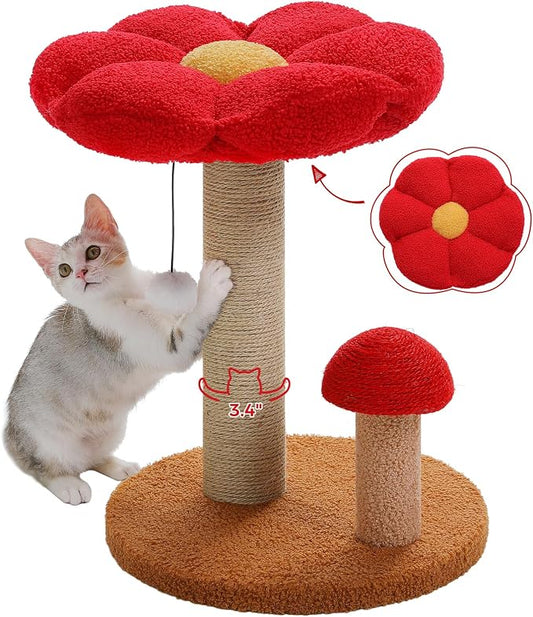 PETEPELA Cat Scratching Post, Mushroom Cat Scratcher Cute Cat Tree Tower with Thick Scratching Post & Removable Flower Cats Bed [Dia=15.7''], Tall Post for Kittens and Indoor Small, Brown | Mushroom cat tree with washable flower-top bed, natural sisal ...