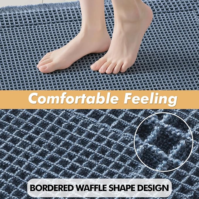 MIULEE Set of 2 Waffle Bathroom Rugs Bordered Bath Mat Blue 18x30 Inch | Non Slip, Super Absorbent, Washable, Ultra Soft, Rubber Backed Bath Rugs for Bathroom Floor Tub and Shower, Boho Decor
