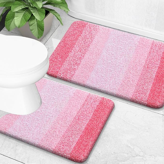 OLANLY Micorfiber Bathroom Rug Set 2 Piece, 24"x16"+U-Shaped 24"x20" | Pink, Soft Absorbent Bath Mats and Contour Toilet Rug, Non-Slip, Machine Wash Dry, Plush Shaggy Bath Mats for Bathroom