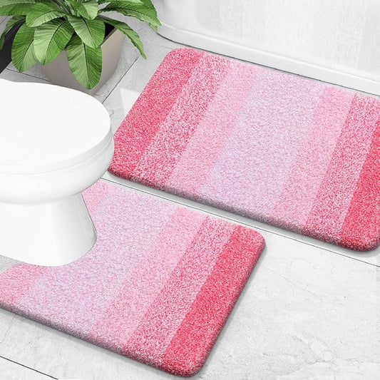 OLANLY Micorfiber Bathroom Rug Set 2 Piece, 24"x16"+U-Shaped 24"x20" | Pink, Soft Absorbent Bath Mats and Contour Toilet Rug, Non-Slip, Machine Wash Dry, Plush Shaggy Bath Mats for Bathroom