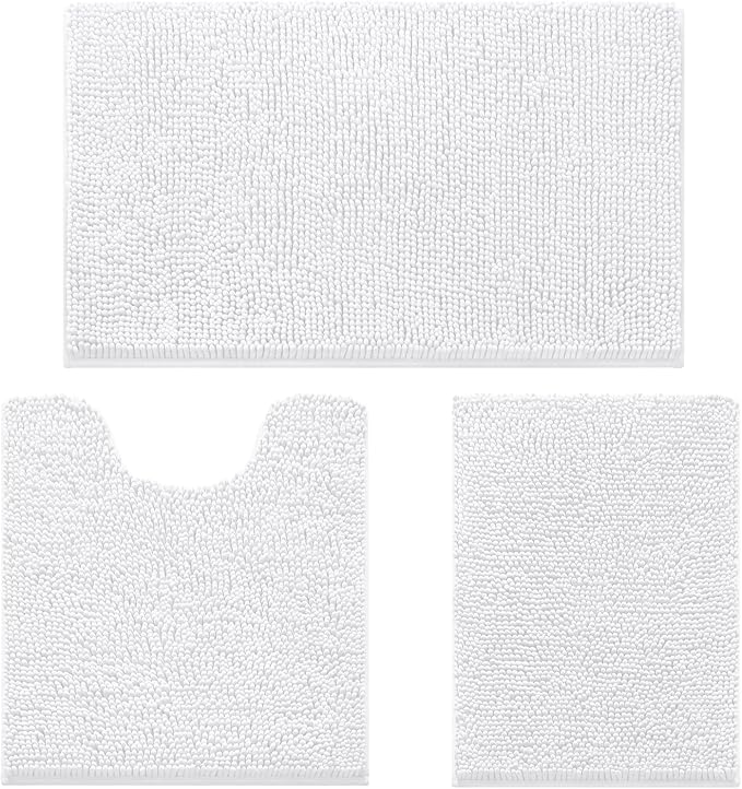 HOMEIDEAS White Chenille Bathroom Rugs Set of 3, Non Slip Bath Mat | Super Absorbent, Soft Microfiber, Machine Washable, Stain Resistant, for Bathroom Decor