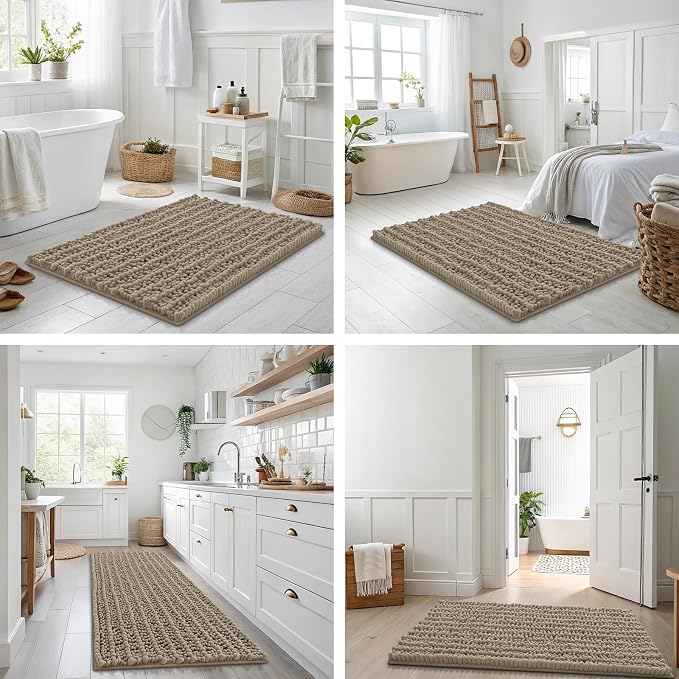 Smiry Bathroom Rugs 47X24, Extra Soft Rubber Backing Chenille Bath Mats | Latte Machine Washable Non Slip Quick Dry Bath Mats for Bathroom Floor, Tub, Shower, Home Decor Accessories