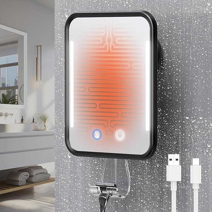 Gospire Heated Shower Mirror Fogless for Shaving with Light - Black | 5000mAh Rechargeable Battery, Detachable Suction Cup & Razor Holder for Wall, NO-Drilling, Removable, Waterproof for Bathroom