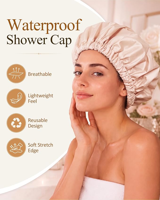 Edoneery Shower Caps for Women Reusable Waterproof, Shower Hair Cap | Washable Bonnet, Wide Elastic Band, Large Fit, Holds Long Hair, Braids Friendly, Bath Accessories, Spa, Travel