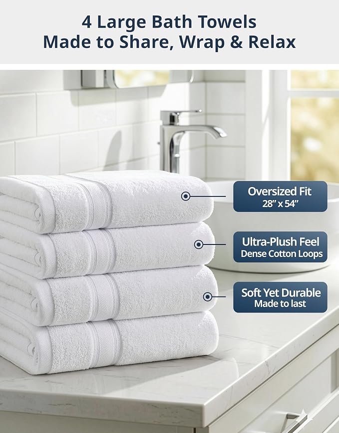 LANE LINEN Large Bath Towel Set Absorbent Quick Dry 100% Cotton - White | Bath Towels Set Of 4 - Fade-Resistant Color, Classic Terry Weave, Densely Woven, Coordinated Colors, Dobby Border Accent