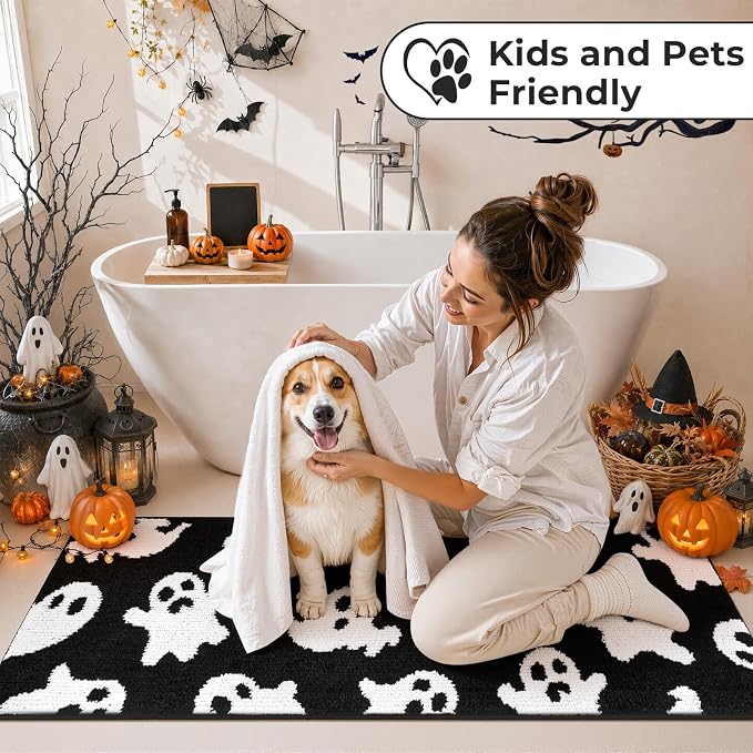 Findosom Halloween Bathroom Rugs Sets 3 Piece, Absorbent Soft Bath Rug Set | Washable Non-Slip Microfiber Shaggy Ghost Bath Mat Set with Bathroom Runner Rug, U-Shaped Toilet Rugs, Shower Rug, Black