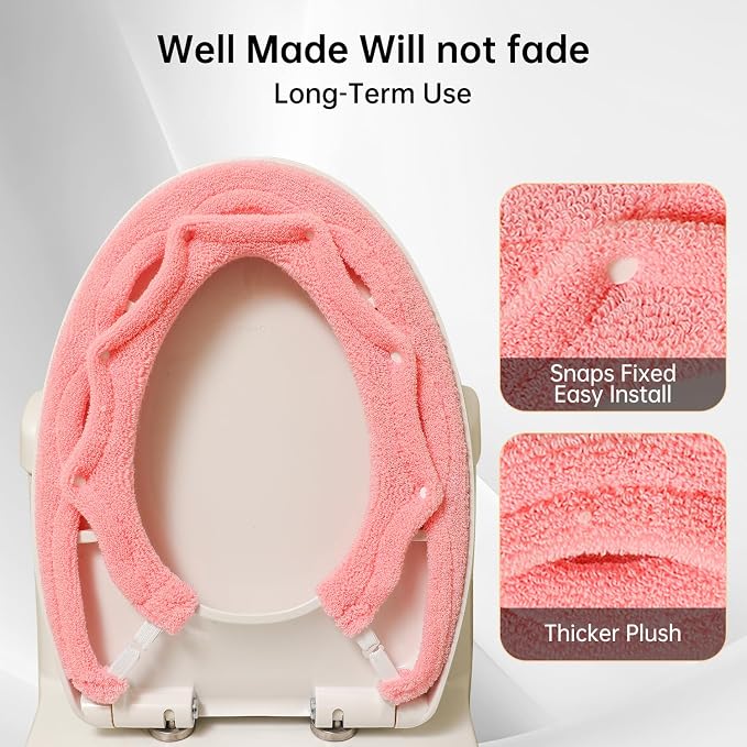 Toilet Seat Cover with Snaps Fixed,Thick Warmer,Machine Washable(pink) | soft thicker warm,easy to install,stretchable,non slip pad,stay in place,universal size,fit most toilet,reusable portable