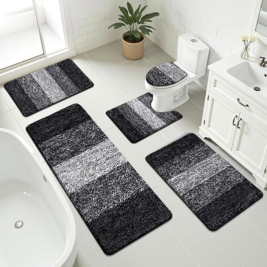 Bsmathom Bathroom Rug Set 5 Piece, Plush Microfiber Bath Mat, Black | Extra Water Absorbent, Non Slip Washable Runner Bath Rugs with Toilet Lid Cover and U-shaped Contour Toilet Mat