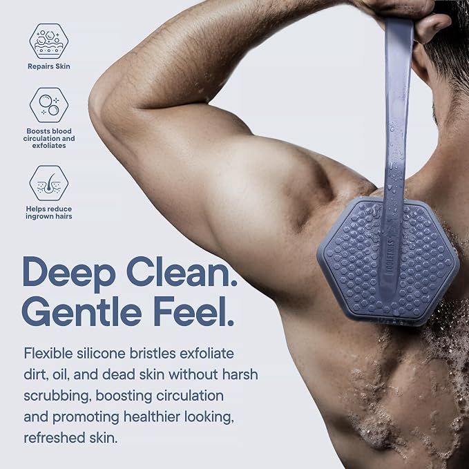TOOLETRIES Silicone Back Scrubber for Shower, Bath Brush - Glacier | Long ergonomic handle and non-slip grip make exfoliating hard-to-reach areas simple and comfortable.
