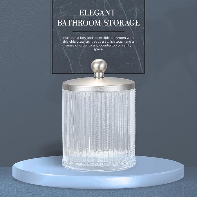 Clear Transparent Apothecary Ribbed Geometric Etched Glass Jar W/Satin Nickel Metal Lid for Bathroom Organization, Cotton Balls, Q Tips, and Small Accessories, Bathroom Storage