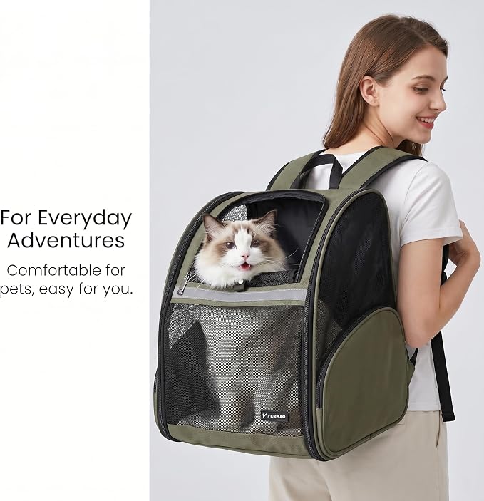 Cat Backpack Carrier for Small Dogs and Medium cat Puppy Kitten Bunny Pet Carrier Backpack Collapsible with Fully Ventilated Mesh with Safety Leash (DarkGreen, 12.9" L x 10.62" W x 15.5" H - M)