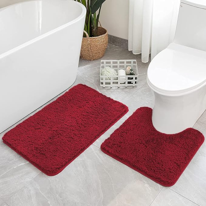 MIULEE Red Bathroom Rugs Set 2 Piece Soft Bath Mats 20x20+20x32 Inch | Absorbent Microfiber Bath Mat and U-Shaped Toilet Rug, Non Slip, Quick Dry, for Bathroom Floor Tub Showers, Machine Washable