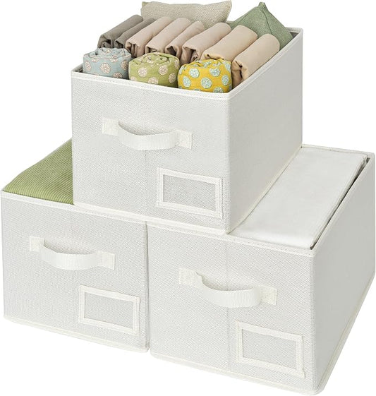 GRANNY SAYS Closet Organizer Bins with Label Holder, Fabric Storage Baskets, Foldable Storage Bins for Living Room, Decorative Storage Containers Organizing, Pearl White, Medium, 3-Pack