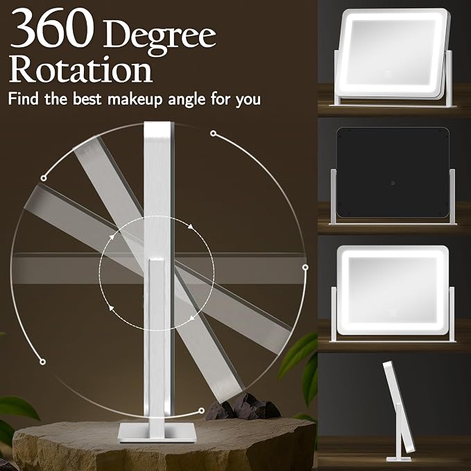 ROLOVE Vanity Mirror with Lights 15"x12", Lighted Makeup Mirror with 10X Magnification, 3 Color Lighting & Dimmable Brightness, Light Up Mirror for Desk, Bedroom, Bathroom