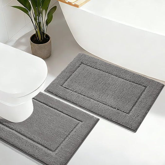 IM HOME Bathroom Rugs Sets 2 Pieces, Ultra Soft Thick Plush Fluffy Microfiber Absorbent Bath Mat, Non-Slip Backing, Machine Washable Bath Mats for Bathroom (24"x17" + U Shape 24"x20", Charcoal Gray)