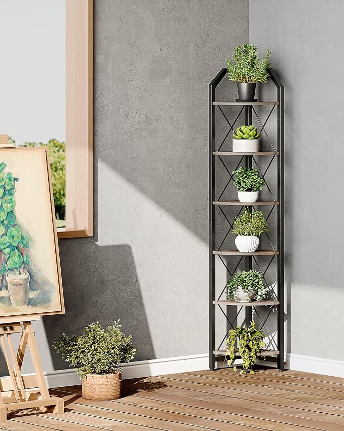 CHOEZON 6-Tier Corner Shelf, Industrial Corner Bookshelf, 71.2" Corner Storage Stand, Plant Stand Display Shelf, Corner Bookcase for Bedroom, Living Room, Home Office, Greige and Black TCJ11BG
