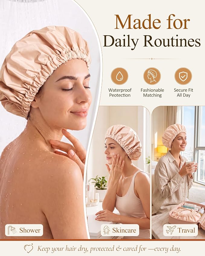 Edoneery Shower Caps for Women Reusable Waterproof, Shower Hair Cap | Washable Bonnet, Wide Elastic Band, Large Fit, Holds Long Hair, Braids Friendly, Bath Accessories, Spa, Travel