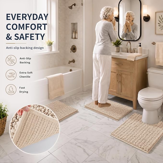 Yimobra Bathroom Rug Set 3 Piece, Super Water Absorbent Bath Mat Set, Beige | Quick Dry Soft Chenille Bath Rugs & Toilet Rug, Non Slip Machine Washable, Extra Thick Shaggy Floor Mat for Shower Tub Sink