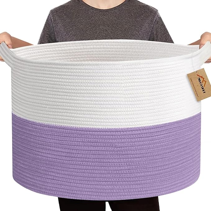 MEGASKET Large Purple Rope Storage Basket, 22x14 Inches Wicker Woven Baskets for Storage, Baby Laundry Hamper, Towel Blanket Toy Bin Organizer, Purple Living Room Decor, Big Basket for Gifts Empty