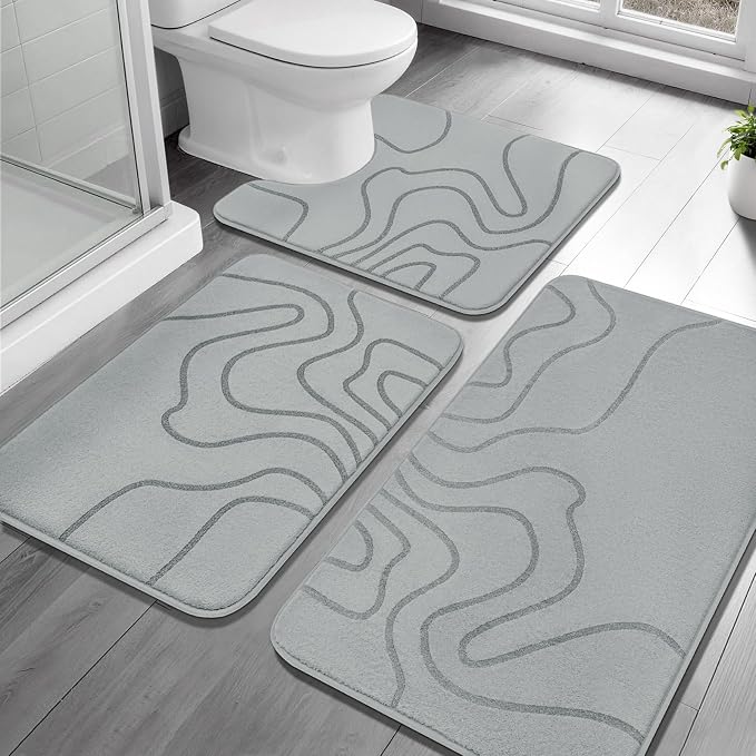 YIHOUSE Memory Foam Bathroom Rugs Sets 3 Piece, Ultra Soft Bath Mat, Grey | Ultra Soft, Extra Thick Bath Mat, Absorbent, Non-Slip, Machine Washable, For Tub, Shower & Home Decor Accessories
