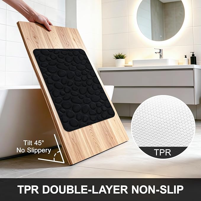 Stone Bath Mats, Non-Slip Memory Foam Bathroom Rug, 16x24 Black | TPR Rubber Backing,Ultra Soft,Highly Absorbent,Machine Washable,Quick Dry for Tub and Shower, Home Decor Accessories