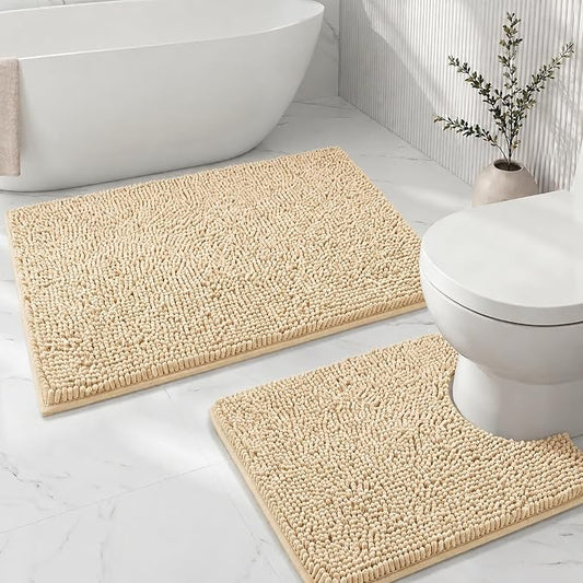 Bathroom Rugs Sets 2 Piece,Super Absorbent Soft,Thick,Machine Washable Chenille Bath Mat,Non Slip Toilet Floor Rug,Bath Mats for Bathroom,20x32 Plus 20x20 U Shape,Beige