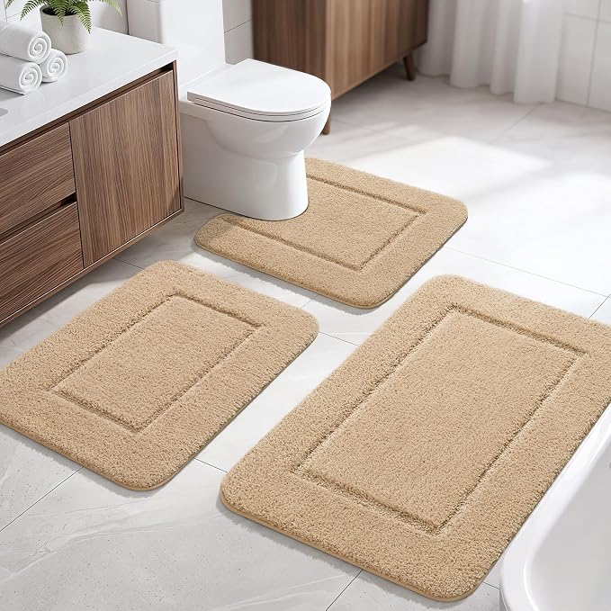 LOCHAS Bathroom Rug Set, Bath Rugs Sets 3 Piece Non Slip Backing, Beige | Washable Absorbent Microfiber Bath Mat Set, Soft Cozy Bathroom Mat for Shower Sink Toilet