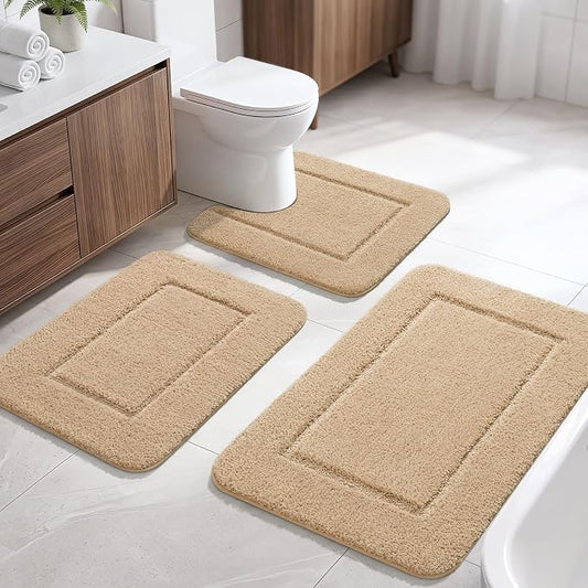 LOCHAS Bathroom Rug Set, Bath Rugs Sets 3 Piece Non Slip Backing, Beige | Washable Absorbent Microfiber Bath Mat Set, Soft Cozy Bathroom Mat for Shower Sink Toilet