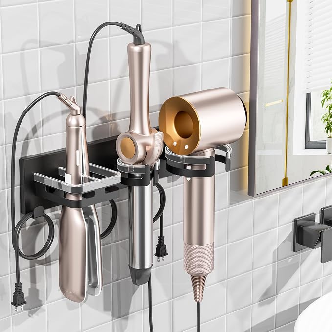 BOIVSHI Hair Dryer Holder Wall Mounted, Self-Adhesive or Drill Mount | Blow Dryer Holder, Straightener, Curling Iron and Hot Tools Organizer, Flat Iron Metal, for Bathroom, Salon, Vanity - Black