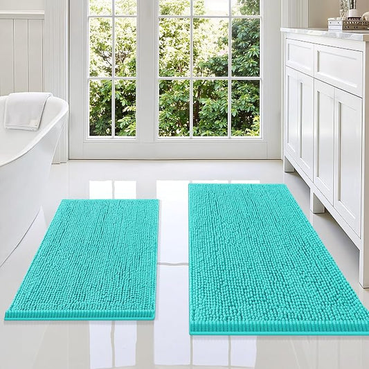Smiry Chenille Bathroom Rugs Sets 2 Piece (36x24+30x20, Turquoise) | Soft Absorbent Machine Washable Non Slip Shaggy Bath Rug Set for Tub, Shower, and Floor, Home Decor