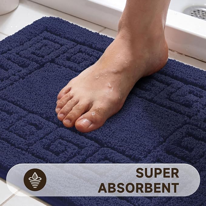Pauwer Bathroom Rugs Sets 3 Piece, Plush Absorbent Bath Rug, Navy | Microfiber Bath Mat Set, Non Slip Washable, Quick Dry Floor Carprt, Soft U Shaped Toilet Mats For Bathroom Shower Sink