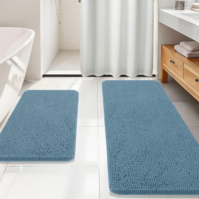 OLANLY Chenille Bathroom Rugs Mats Sets 2 Piece, 59"x20"+30"x20", Airy Blue | Ultra Soft Absorbent Bath Rugs Set, Rubber Backing Non-Slip, Quick Dry, Machine Washable Bath Carpet, Home Decor Accessories