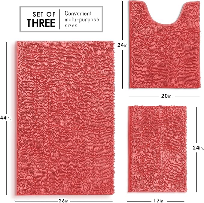 Hearth & Harbor Bathroom Rugs, Chenille Bath Mat - Machine Washable Bath Mats for Bathroom Non-Slip Backing Rubber, Quick Dry Mat - Rose Bath Rug, 17x24-26x44-20x24