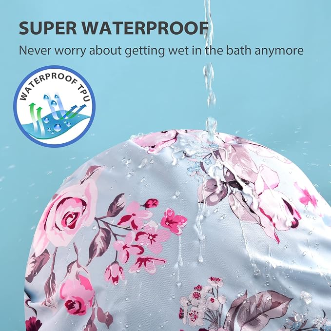 INNELO Shower Cap for Women Reusable Waterproof, Double Layer, Satin Lined | Bath Cap, Adjustable Elastic Strap, Large Size for Short Long Curly Hair, Soft Silky Lined, Anti Frizz, Shower Essentials