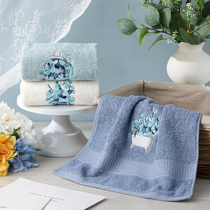3 Pcs Blue Eucalyptus Leaves Hand Towels Botanical Bathroom Decor | Embroidered Eucalyptus Design, 100% Cotton, Farmhouse Bathroom Kitchen Decor, Absorbent Towels, Holiday Housewarming Gifts