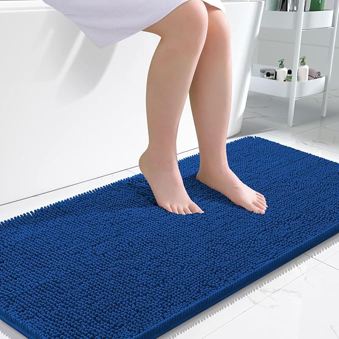 OLANLY Bathroom Runner Rugs 47x24, Extra Soft Absorbent Chenille Bath Rugs | Deep Navy Blue, Quick-Drying Rubber Backing, Machine Washable Long Bath Mat for Bathroom Floor, Tub and Shower, Home Decor