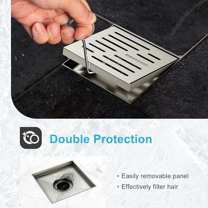 6 Inch Square Shower Drain, EMBATHER 304 Stainless Shower Floor Drain and Shower Drain Cover Included Hair Catcher and Leveling Feet, Brushed Nickel