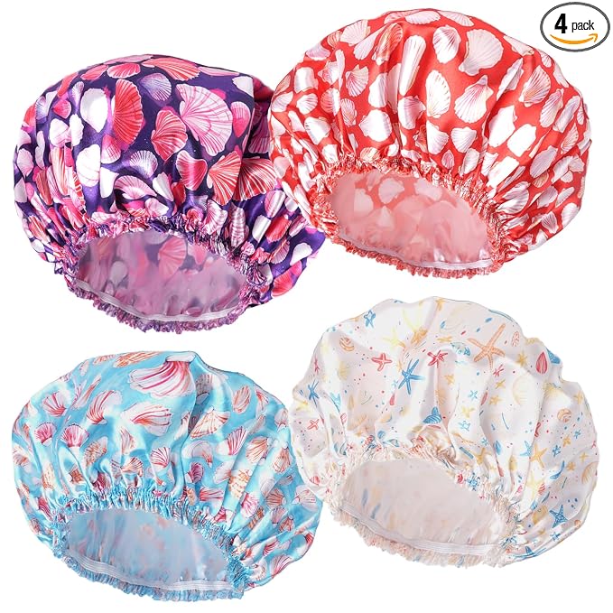 Shower Caps for Women, 4 PCS Reusable Waterproof Bath Cap | Double Layer, Washable, Wide Elastic Band, Holds Long Hair, Caps for Bath Accessories, Spa, Travel Home - Shell