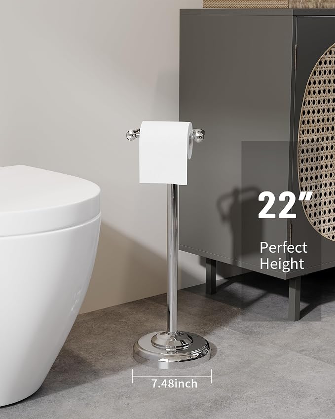 Toilet Paper Holder Stand Stainless Steel & Weighted Base Chrome | Polish Finish Post Pivoting Design Easy to Change Roll, Mega Roll Freestanding Toilet Paper Holder for Bathroom Waterproof
