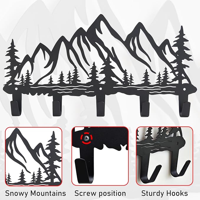 Metal Mountain Coat Hooks Wall Art Decor-Mountain Hangers and Key Holder-Clothes Hat Rack and Backpack Hanger Decor for Storage, Living Room, Hallway, Office (Black)