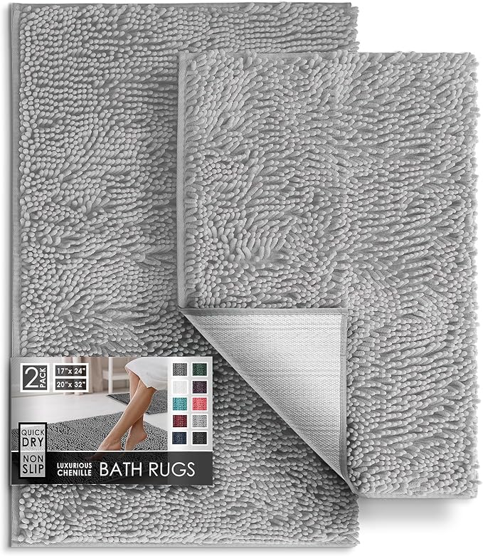 Hearth & Harbor Bathroom Rugs, Chenille Bath Mat - Machine Washable Bath Mats for Bathroom Non-Slip Backing Rubber, Quick Dry Bathroom Mat