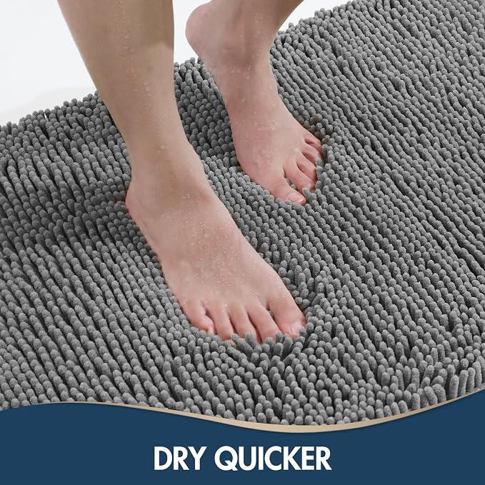 TREETONE Bathroom Rugs Sets, Thick Soft Absorbent 3 Piece Chenille Bath Rugs, Non-Slip, Dry Quickly, Machine Washable, Shaggy Mats with U-Shaped Toilet Rug for Bathroom Floor, Tub and Shower, Grey