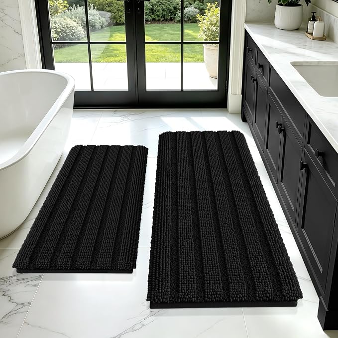 ACCUMTEK Striped Black Bathroom Rug Mat Set 2 piece 24"x17"+48"x20" Ultra Soft, Non Slip Chenille Bath Rugs, Absorbent Plush Shaggy Bath Mats for Bathroom, Bedroom, Kitchen, Shower, Tub